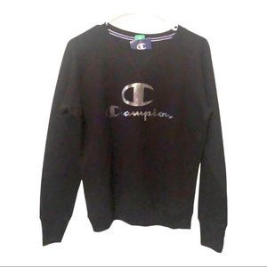 Champion unique foil metallic Logo sweatshirt black unisex Sz Small NWT